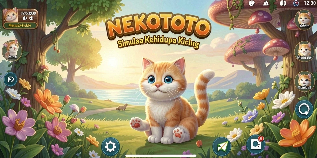 Screenshot gameplay menunjukkan interaksi kucing yang menggemaskan.