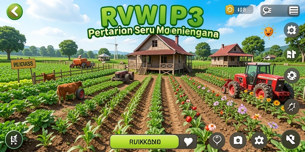 Screenshot utama dari gameplay RVIP3, menampilkan pertanian yang indah dan dinamis.