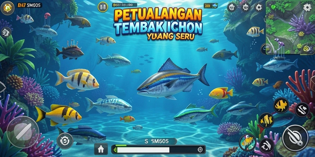 Tangkapan layar gameplay SM605 menampilkan aksi menembak ikan yang mendebarkan.