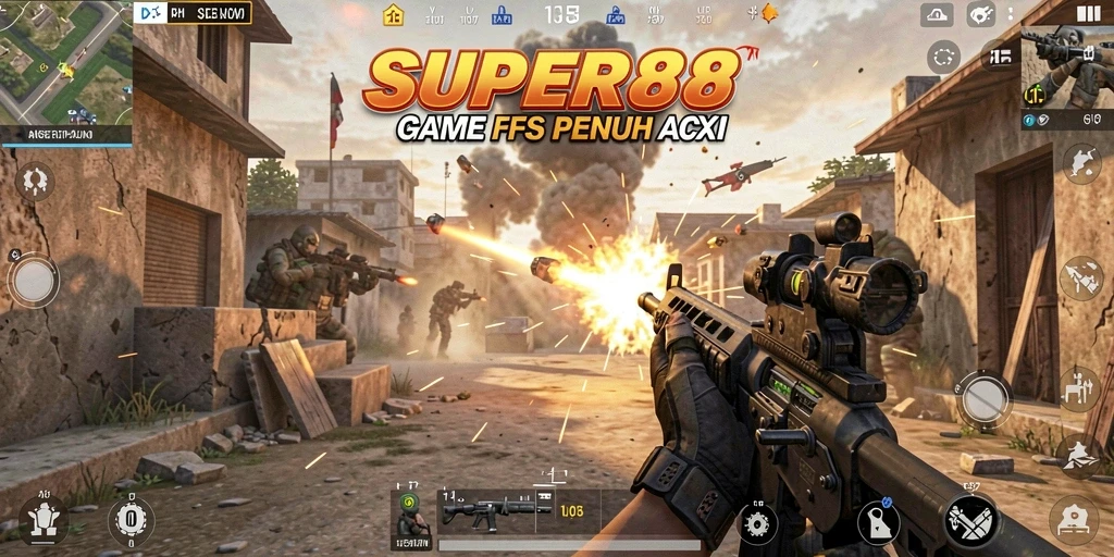 Tampilan aksi seru di SUPER88 menunjukkan gameplay FPS yang menarik.