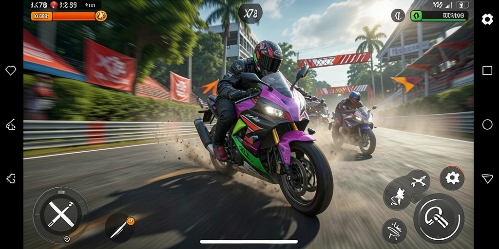 Screenshot gameplay X78 menampilkan aksi balapan motor yang mendebarkan.